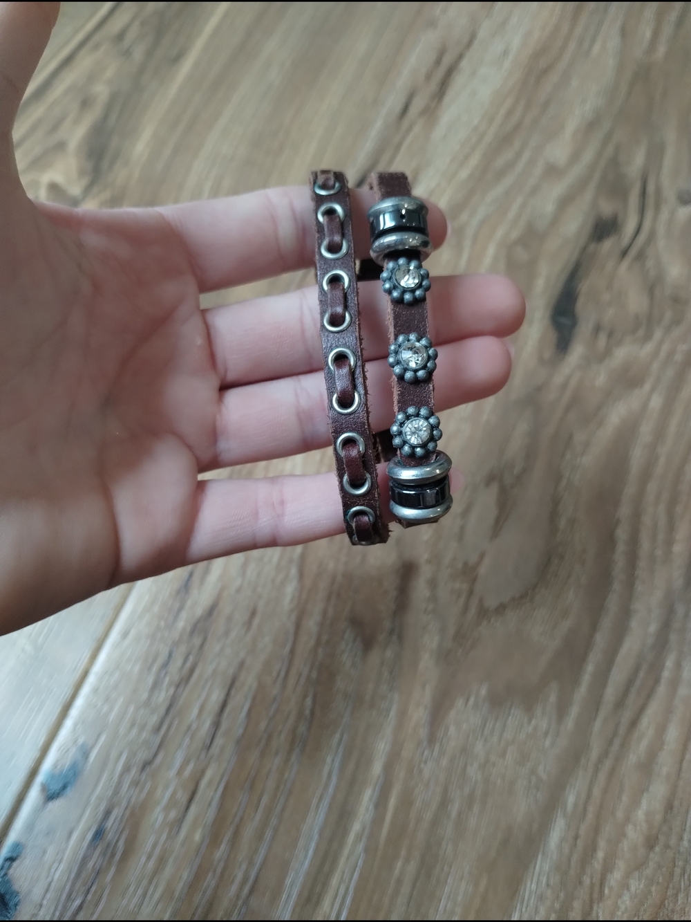 Brown Leather Double Wrap Bracelet with Silver Flower Accents